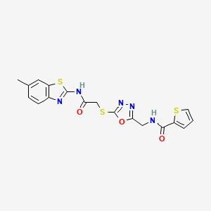 molecular formula C18H15N5O3S3 B2718638 N-((5-((2-((6-methylbenzo[d]thiazol-2-yl)amino)-2-oxoethyl)thio)-1,3,4-oxadiazol-2-yl)methyl)thiophene-2-carboxamide CAS No. 851861-70-6