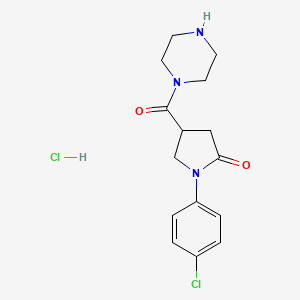 molecular formula C15H19Cl2N3O2 B2718731 1-(4-Chlorophenyl)-4-(piperazine-1-carbonyl)pyrrolidin-2-one;hydrochloride CAS No. 1179369-21-1