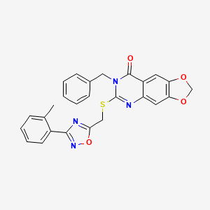 molecular formula C26H20N4O4S B2718748 7-benzyl-6-({[3-(2-methylphenyl)-1,2,4-oxadiazol-5-yl]methyl}sulfanyl)-2H,7H,8H-[1,3]dioxolo[4,5-g]quinazolin-8-one CAS No. 1112012-64-2