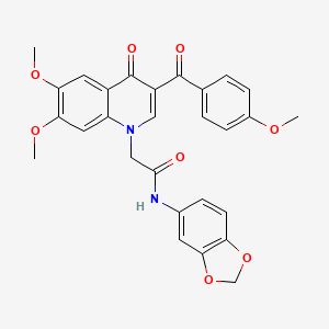 molecular formula C28H24N2O8 B2718805 N-(2H-1,3-benzodioxol-5-yl)-2-[6,7-dimethoxy-3-(4-methoxybenzoyl)-4-oxo-1,4-dihydroquinolin-1-yl]acetamide CAS No. 866590-01-4
