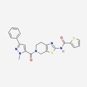 molecular formula C22H19N5O2S2 B2718855 N-(5-(1-methyl-3-phenyl-1H-pyrazole-5-carbonyl)-4,5,6,7-tetrahydrothiazolo[5,4-c]pyridin-2-yl)thiophene-2-carboxamide CAS No. 1351599-22-8