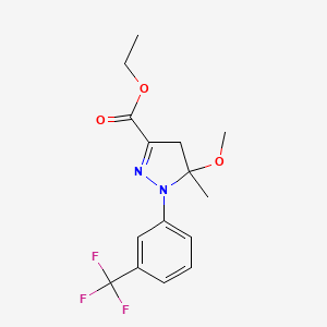 molecular formula C15H17F3N2O3 B2718865 ethyl 5-methoxy-5-methyl-1-[3-(trifluoromethyl)phenyl]-4,5-dihydro-1H-pyrazole-3-carboxylate CAS No. 1909326-82-4