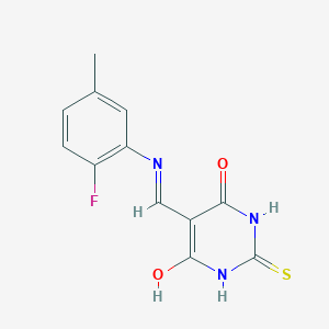 molecular formula C12H10FN3O2S B2719171 5-{[(2-fluoro-5-methylphenyl)amino]methylidene}-2-sulfanylidene-1,3-diazinane-4,6-dione CAS No. 1021229-31-1