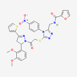 B2719305 N-[[5-[2-[3-(2,3-dimethoxyphenyl)-5-thiophen-2-yl-3,4-dihydropyrazol-2-yl]-2-oxoethyl]sulfanyl-4-(4-nitrophenyl)-1,2,4-triazol-3-yl]methyl]furan-2-carboxamide CAS No. 393586-20-4