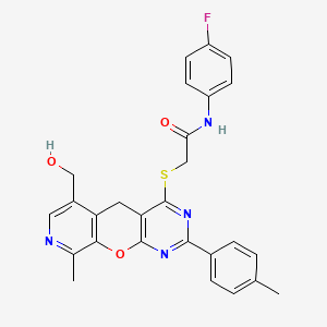 molecular formula C27H23FN4O3S B2719599 N-(4-fluorophenyl)-2-{[11-(hydroxymethyl)-14-methyl-5-(4-methylphenyl)-2-oxa-4,6,13-triazatricyclo[8.4.0.0^{3,8}]tetradeca-1(10),3(8),4,6,11,13-hexaen-7-yl]sulfanyl}acetamide CAS No. 892384-88-2