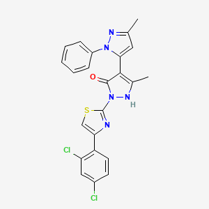 molecular formula C23H17Cl2N5OS B2719606 3,3'-Dimethyl-1-(4-(2,4-dichlorophenyl)-2-thiazolyl)-1'-pheny-5-hydroxy[4,5']-bipyrazol CAS No. 245039-21-8