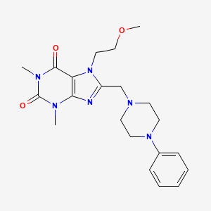 molecular formula C21H28N6O3 B2719621 7-(2-Methoxy-ethyl)-1,3-dimethyl-8-(4-phenyl-piperazin-1-ylmethyl)-3,7-dihydro-purine-2,6-dione CAS No. 578749-52-7