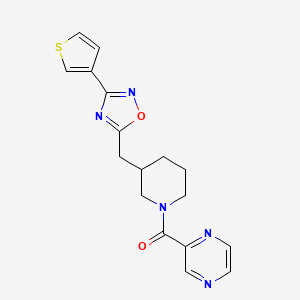 molecular formula C17H17N5O2S B2719649 Pyrazin-2-yl(3-((3-(thiophen-3-yl)-1,2,4-oxadiazol-5-yl)methyl)piperidin-1-yl)methanone CAS No. 1705073-76-2