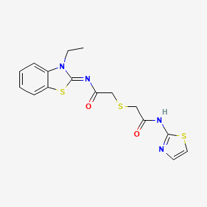 molecular formula C16H16N4O2S3 B2719711 2-[2-[(3-ethyl-1,3-benzothiazol-2-ylidene)amino]-2-oxoethyl]sulfanyl-N-(1,3-thiazol-2-yl)acetamide CAS No. 1164553-58-5
