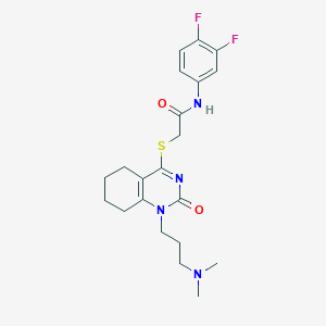 molecular formula C21H26F2N4O2S B2720352 N-(3,4-difluorophenyl)-2-((1-(3-(dimethylamino)propyl)-2-oxo-1,2,5,6,7,8-hexahydroquinazolin-4-yl)thio)acetamide CAS No. 941999-36-6