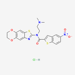 molecular formula C22H21ClN4O5S2 B2720562 N-(6,7-dihydro-[1,4]dioxino[2,3-f][1,3]benzothiazol-2-yl)-N-[2-(dimethylamino)ethyl]-5-nitro-1-benzothiophene-2-carboxamide;hydrochloride CAS No. 1321861-61-3