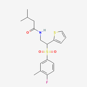 molecular formula C18H22FNO3S2 B2720961 N-[2-(4-fluoro-3-methylbenzenesulfonyl)-2-(thiophen-2-yl)ethyl]-3-methylbutanamide CAS No. 946298-08-4