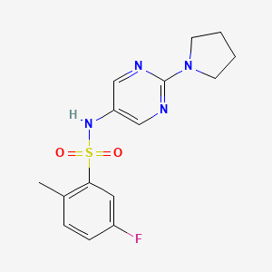 molecular formula C15H17FN4O2S B2720999 5-fluoro-2-methyl-N-(2-(pyrrolidin-1-yl)pyrimidin-5-yl)benzenesulfonamide CAS No. 1396874-09-1