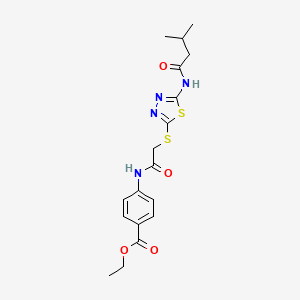 molecular formula C18H22N4O4S2 B2721264 Ethyl 4-(2-((5-(3-methylbutanamido)-1,3,4-thiadiazol-2-yl)thio)acetamido)benzoate CAS No. 392293-00-4