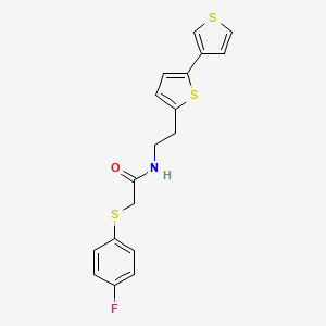 molecular formula C18H16FNOS3 B2721266 N-(2-([2,3'-bithiophen]-5-yl)ethyl)-2-((4-fluorophenyl)thio)acetamide CAS No. 2034564-57-1