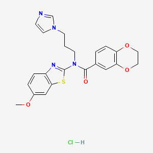 molecular formula C23H23ClN4O4S B2721439 N-(3-(1H-imidazol-1-yl)propyl)-N-(6-methoxybenzo[d]thiazol-2-yl)-2,3-dihydrobenzo[b][1,4]dioxine-6-carboxamide hydrochloride CAS No. 1215556-39-0