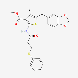 Methyl 5-(1,3-benzodioxol-5-ylmethyl)-4-methyl-2-(3-phenylsulfanylpropanoylamino)thiophene-3-carboxylate