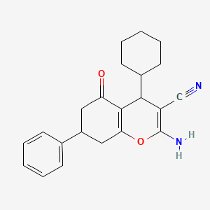 molecular formula C22H24N2O2 B2721568 2-amino-4-cyclohexyl-5-oxo-7-phenyl-5,6,7,8-tetrahydro-4H-chromene-3-carbonitrile CAS No. 275360-63-9