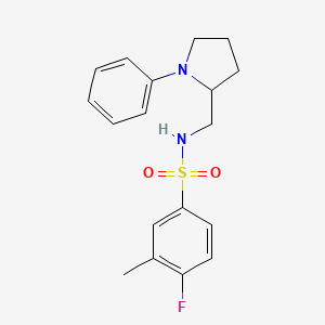 molecular formula C18H21FN2O2S B2721605 4-氟-3-甲基-N-((1-苯基吡咯啉-2-基)甲基)苯磺酰胺 CAS No. 1797860-00-4