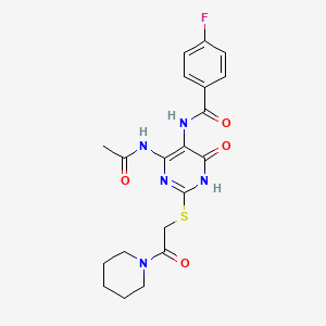 molecular formula C20H22FN5O4S B2721904 N-(4-acetamido-6-oxo-2-((2-oxo-2-(piperidin-1-yl)ethyl)thio)-1,6-dihydropyrimidin-5-yl)-4-fluorobenzamide CAS No. 872608-75-8
