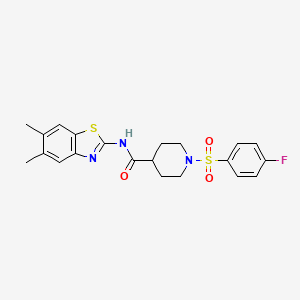 molecular formula C21H22FN3O3S2 B2722046 N-(5,6-dimethyl-1,3-benzothiazol-2-yl)-1-(4-fluorobenzenesulfonyl)piperidine-4-carboxamide CAS No. 922478-59-9