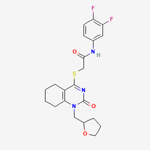 molecular formula C21H23F2N3O3S B2722181 N-(3,4-difluorophenyl)-2-((2-oxo-1-((tetrahydrofuran-2-yl)methyl)-1,2,5,6,7,8-hexahydroquinazolin-4-yl)thio)acetamide CAS No. 899756-60-6