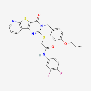 molecular formula C27H22F2N4O3S2 B2722260 N-(3,4-difluorophenyl)-2-[[6-oxo-5-[(4-propoxyphenyl)methyl]-8-thia-3,5,10-triazatricyclo[7.4.0.02,7]trideca-1(9),2(7),3,10,12-pentaen-4-yl]sulfanyl]acetamide CAS No. 1029791-78-3