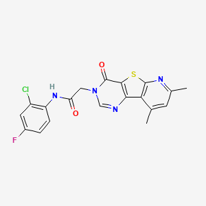 molecular formula C19H14ClFN4O2S B2722316 N-(2-chloro-4-fluorophenyl)-2-(11,13-dimethyl-6-oxo-8-thia-3,5,10-triazatricyclo[7.4.0.02,7]trideca-1(9),2(7),3,10,12-pentaen-5-yl)acetamide CAS No. 1021021-06-6