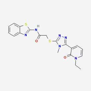 molecular formula C19H18N6O2S2 B2722413 N-(1,3-benzothiazol-2-yl)-2-{[5-(1-ethyl-2-oxo-1,2-dihydropyridin-3-yl)-4-methyl-4H-1,2,4-triazol-3-yl]sulfanyl}acetamide CAS No. 1105228-59-8