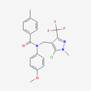molecular formula C21H19ClF3N3O2 B2722490 N-{[5-chloro-1-methyl-3-(trifluoromethyl)-1H-pyrazol-4-yl]methyl}-N-(4-methoxyphenyl)-4-methylbenzenecarboxamide CAS No. 956368-31-3