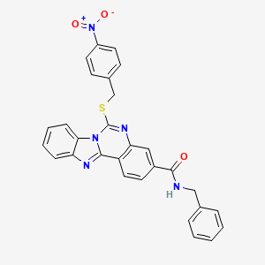 molecular formula C29H21N5O3S B2722691 N-benzyl-9-{[(4-nitrophenyl)methyl]sulfanyl}-8,10,17-triazatetracyclo[8.7.0.0^{2,7}.0^{11,16}]heptadeca-1(17),2,4,6,8,11(16),12,14-octaene-5-carboxamide CAS No. 443670-72-2