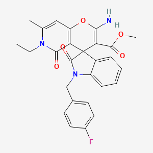 molecular formula C27H24FN3O5 B2722967 Methyl 2'-amino-6'-ethyl-1-(4-fluorobenzyl)-7'-methyl-2,5'-dioxo-1,2,5',6'-tetrahydrospiro[indole-3,4'-pyrano[3,2-c]pyridine]-3'-carboxylate CAS No. 873571-84-7