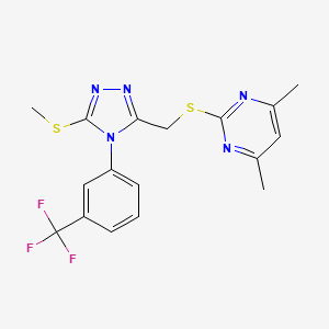 molecular formula C17H16F3N5S2 B2722995 4,6-dimethyl-2-({[5-(methylsulfanyl)-4-[3-(trifluoromethyl)phenyl]-4H-1,2,4-triazol-3-yl]methyl}sulfanyl)pyrimidine CAS No. 868222-63-3