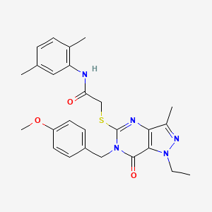 molecular formula C26H29N5O3S B2723260 N-(2,5-dimethylphenyl)-2-({1-ethyl-6-[(4-methoxyphenyl)methyl]-3-methyl-7-oxo-1H,6H,7H-pyrazolo[4,3-d]pyrimidin-5-yl}sulfanyl)acetamide CAS No. 1358373-27-9