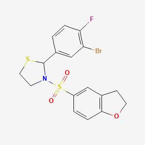 molecular formula C17H15BrFNO3S2 B2723383 2-(3-Bromo-4-fluorophenyl)-3-((2,3-dihydrobenzofuran-5-yl)sulfonyl)thiazolidine CAS No. 2034378-22-6