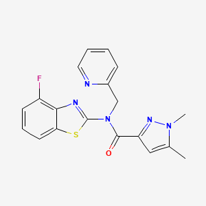 molecular formula C19H16FN5OS B2723395 N-(4-fluoro-1,3-benzothiazol-2-yl)-1,5-dimethyl-N-[(pyridin-2-yl)methyl]-1H-pyrazole-3-carboxamide CAS No. 1013771-52-2
