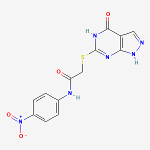 molecular formula C13H10N6O4S B2723580 N-(4-nitrophenyl)-2-((4-oxo-4,5-dihydro-1H-pyrazolo[3,4-d]pyrimidin-6-yl)thio)acetamide CAS No. 877630-04-1