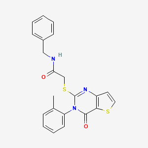 molecular formula C22H19N3O2S2 B2723667 N-benzyl-2-{[3-(2-methylphenyl)-4-oxo-3,4-dihydrothieno[3,2-d]pyrimidin-2-yl]sulfanyl}acetamide CAS No. 1291862-59-3