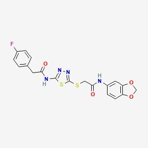 molecular formula C19H15FN4O4S2 B2723710 N-(2H-1,3-benzodioxol-5-yl)-2-({5-[2-(4-fluorophenyl)acetamido]-1,3,4-thiadiazol-2-yl}sulfanyl)acetamide CAS No. 868977-25-7