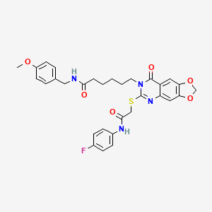 molecular formula C31H31FN4O6S B2723736 6-[6-({2-[(4-fluorophenyl)amino]-2-oxoethyl}thio)-8-oxo[1,3]dioxolo[4,5-g]quinazolin-7(8H)-yl]-N-(4-methoxybenzyl)hexanamide CAS No. 688061-17-8