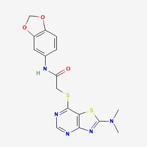 molecular formula C16H15N5O3S2 B2723839 N-(2H-1,3-BENZODIOXOL-5-YL)-2-{[2-(DIMETHYLAMINO)-[1,3]THIAZOLO[4,5-D]PYRIMIDIN-7-YL]SULFANYL}ACETAMIDE CAS No. 1185167-03-6