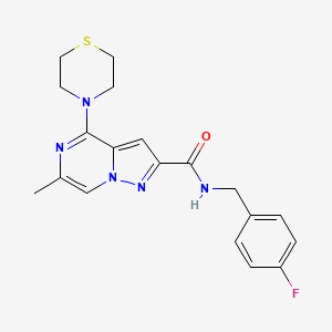 molecular formula C19H20FN5OS B2723956 N-[(4-Fluorophenyl)methyl]-6-methyl-4-(thiomorpholin-4-YL)pyrazolo[1,5-A]pyrazine-2-carboxamide CAS No. 1775527-06-4