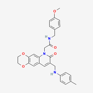 molecular formula C29H29N3O5 B2724138 N-[(4-methoxyphenyl)methyl]-2-(8-{[(4-methylphenyl)amino]methyl}-7-oxo-2H,3H,6H,7H-[1,4]dioxino[2,3-g]quinolin-6-yl)acetamide CAS No. 932359-25-6