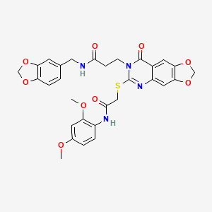 molecular formula C30H28N4O9S B2724799 N-[(2H-1,3-benzodioxol-5-yl)methyl]-3-[6-({[(2,4-dimethoxyphenyl)carbamoyl]methyl}sulfanyl)-8-oxo-2H,7H,8H-[1,3]dioxolo[4,5-g]quinazolin-7-yl]propanamide CAS No. 688059-56-5