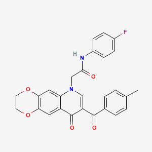 molecular formula C27H21FN2O5 B2724823 N-(4-fluorophenyl)-2-[8-(4-methylbenzoyl)-9-oxo-2H,3H,6H,9H-[1,4]dioxino[2,3-g]quinolin-6-yl]acetamide CAS No. 866340-13-8