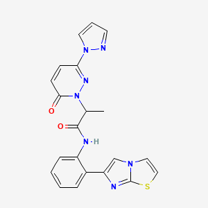 molecular formula C21H17N7O2S B2725218 N-(2-{imidazo[2,1-b][1,3]thiazol-6-yl}phenyl)-2-[6-oxo-3-(1H-pyrazol-1-yl)-1,6-dihydropyridazin-1-yl]propanamide CAS No. 1798546-01-6