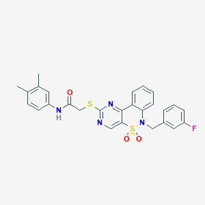 molecular formula C27H23FN4O3S2 B2725323 N-(3,4-dimethylphenyl)-2-((6-(3-fluorobenzyl)-5,5-dioxido-6H-benzo[c]pyrimido[4,5-e][1,2]thiazin-2-yl)thio)acetamide CAS No. 895099-42-0