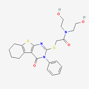 molecular formula C22H25N3O4S2 B2725372 N,N-bis(2-hydroxyethyl)-2-({3-oxo-4-phenyl-8-thia-4,6-diazatricyclo[7.4.0.0^{2,7}]trideca-1(9),2(7),5-trien-5-yl}sulfanyl)acetamide CAS No. 457952-79-3