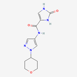 molecular formula C12H15N5O3 B2725535 N-[1-(oxan-4-yl)-1H-pyrazol-4-yl]-2-oxo-2,3-dihydro-1H-imidazole-4-carboxamide CAS No. 1704657-98-6