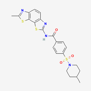 molecular formula C22H22N4O3S3 B2725630 N-{11-methyl-3,12-dithia-5,10-diazatricyclo[7.3.0.0^{2,6}]dodeca-1(9),2(6),4,7,10-pentaen-4-yl}-4-[(4-methylpiperidin-1-yl)sulfonyl]benzamide CAS No. 442556-81-2